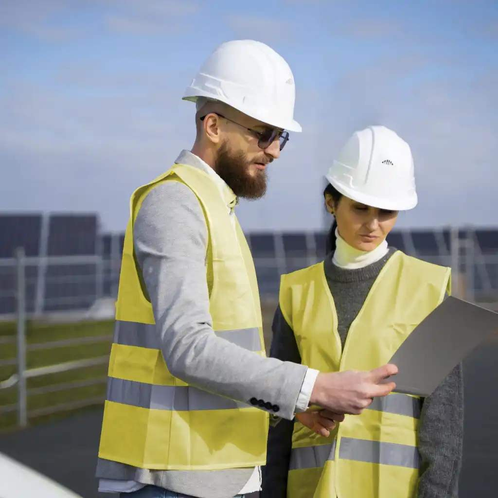 Trabajadores en el campo revisando el progreso del plan de gestión ambiental mientras se enfocan en la seguridad laboral y las actividades en curso, destacando la importancia de la planificación para la protección ambiental y el cumplimiento normativo en el sector industrial.