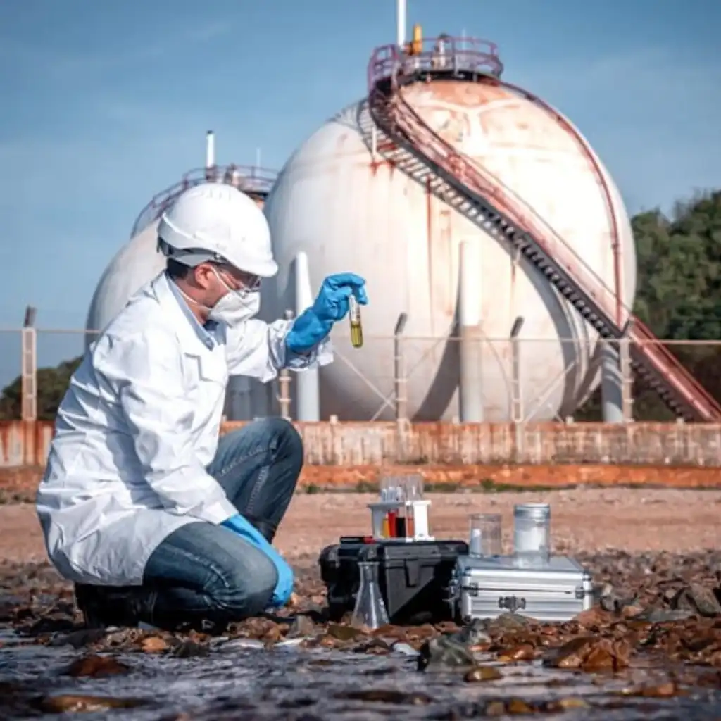 La imagen destaca la importancia del monitoreo ambiental continuo y las pruebas en el sitio como parte de un plan de gestión para el control de impacto ambiental.