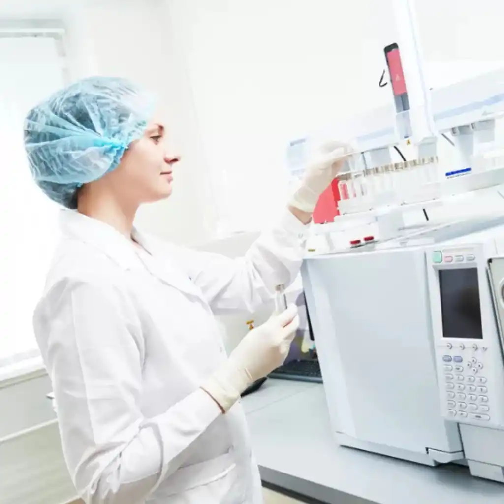 Técnico de laboratorio realizando un análisis con cromatografía de gases, preparando la muestra para la separación de compuestos volátiles.
